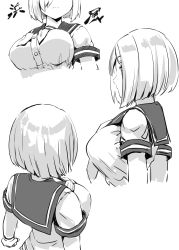Rule 34 | 1girl, banned artist, belko, breasts, closed mouth, greyscale, hair ornament, hairclip, hamakaze (kancolle), highres, kantai collection, large breasts, monochrome, multiple views, neckerchief, sailor collar, school uniform, serafuku, short hair, short sleeves