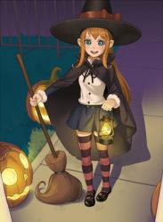 Rule 34 | 1girl, :d, belt, black skirt, blue eyes, blush, bow, broom, brown hair, cloak, cristalavi, fence, halloween, hat, hat bow, highres, holding, holding lantern, jack-o&#039;-lantern, lantern, long hair, looking at viewer, miniskirt, open mouth, original, outdoors, pumpkin, shirt, skirt, smile, solo, standing, striped clothes, striped thighhighs, thighhighs, trick or treat, white shirt, witch, witch hat, zettai ryouiki