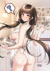 Rule 34 | 1girl, ?, alternate costume, apron, ass, blush, bowl, breasts, commission, girls&#039; frontline, head tilt, heterochromia, highres, holding, indoors, kitchen, large breasts, long hair, looking at viewer, low twintails, mimamui, naked apron, parted lips, red eyes, ro635 (girls&#039; frontline), sideboob, skeb commission, slap mark, slap mark on face, solo, spoken question mark, twintails, very long hair, whisk, white apron, yellow eyes