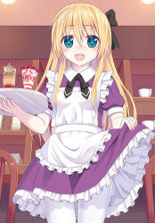 Rule 34 | 1girl, :d, apron, blonde hair, blue eyes, clothes lift, dress, food, frills, fruit, hair ribbon, ikeda yuuki, long hair, maid, maid apron, open mouth, original, pantyhose, puffy short sleeves, puffy sleeves, purple dress, ribbon, short sleeves, skirt, skirt lift, smile, solo, strawberry, white pantyhose