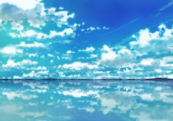 Rule 34 | blue sky, cloud, cloudy sky, commentary request, day, highres, horizon, lake, no humans, outdoors, reflection, sakanamodoki, scenery, sky, water surface