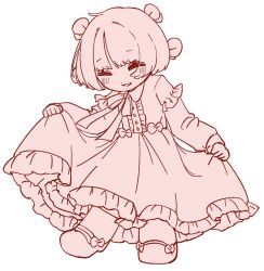 Rule 34 | 1girl, ^ ^, alternate costume, black jack (series), blush, bob cut, bow, center frills, closed eyes, collared dress, dress, enugani05, eyes visible through hair, facing viewer, footwear bow, frilled dress, frills, full body, hair bow, highres, long sleeves, mary janes, monochrome, multiple hair bows, neck ribbon, open mouth, pink theme, pinoko, ribbon, shoes, short hair, simple background, skirt hold, smile, solo, standing