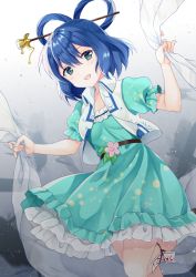 Rule 34 | 1girl, abstract background, belt, blue dress, blue hair, breasts, clothes grab, commentary request, cowboy shot, dress, feet out of frame, flower, grey background, hagoromo, hair between eyes, hair ornament, hair rings, hair stick, kaku seiga, leaning to the side, nekosugi (hoshi), ofuda, open clothes, open vest, petticoat, pink flower, puffy short sleeves, puffy sleeves, shawl, short hair, short sleeves, small breasts, solo, standing, standing on one leg, touhou, vest, white legwear, white vest