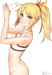 Rule 34 | 1girl, :3, artist name, ass, bad id, bad twitter id, bare shoulders, blonde hair, bottomless, braid, breasts, covered erect nipples, cowboy shot, dated, fang, fate (series), from side, green eyes, grin, jewelry, kanzaki muyu, long hair, looking at viewer, mordred (fate), mordred (fate/apocrypha), mordred (memories at trifas) (fate), pendant, sexually suggestive, simple background, small breasts, smile, solo, standing, strapless, sweat, teeth, tube top, twitter username, white background