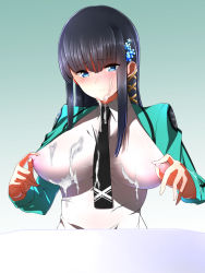 Rule 34 | 10s, 1girl, black hair, blue eyes, blush, breasts, covered erect nipples, cum, cum on body, cum on breasts, cum on clothes, cum on upper body, facial, female focus, gradient background, hair ornament, highres, impossible clothes, impossible shirt, large breasts, long hair, mahouka koukou no rettousei, necktie, nipple stimulation, nipple tweak, nipples, pointy breasts, school uniform, see-through, shiba miyuki, shirt, shumichi, smile, solo