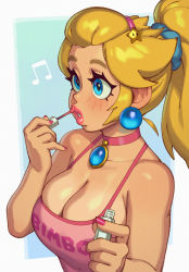 Rule 34 | 1girl, alternate costume, alternate hairstyle, applying lipstick, blonde hair, blue eyes, blush, breasts, cleavage, close-up, cosmetics, crown, earrings, highres, holding, holding lipstick tube, jewelry, large breasts, lips, lipstick, lipstick tube, long hair, makeup, mario (series), nintendo, open mouth, parted lips, pink lips, ponytail, princess peach, riz, solo, sphere earrings, super mario bros. 1, super star (mario), upper body