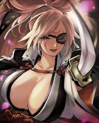 Rule 34 | 1girl, arc system works, baiken, big hair, breasts, cleavage, facial mark, facial tattoo, guilty gear, guilty gear strive, holding, holding weapon, jako (toyprn), japanese clothes, katana, kimono, large breasts, looking at viewer, one-eyed, one eye closed, open clothes, open kimono, open mouth, pink hair, pointing, pointing at viewer, pointing weapon, ponytail, scar, scar across eye, scar on face, smile, solo, sword, tattoo, upper body, weapon, wide sleeves