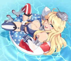 Rule 34 | 1girl, american flag, american flag legwear, asymmetrical legwear, blonde hair, blue eyes, blush, breasts, cleavage, commentary, elbow gloves, english commentary, front-tie top, garter straps, gloves, hair between eyes, headgear, innertube, iowa (kancolle), kantai collection, large breasts, looking at viewer, mismatched legwear, one eye closed, owler, piercing, smile, solo, striped, swim ring, thighhighs, vertical stripes, water