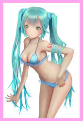 Rule 34 | 00s, 1girl, aqua hair, aqua nails, arm tattoo, bare shoulders, bikini, blush, border, breasts, cleavage, closed mouth, clothes pull, frills, green eyes, hair ornament, hair scrunchie, hand in swimsuit, hatsune miku, leaning forward, long hair, looking at viewer, medium breasts, nail polish, okiya, one-piece swimsuit pull, outside border, pink border, polka dot, polka dot bikini, scrunchie, simple background, solo, standing, swimsuit, tattoo, twintails, vocaloid, white background