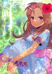 Rule 34 | 1girl, bangle, blue dress, blurry, blurry background, blush, bow, bracelet, breasts, brown eyes, brown hair, closed mouth, commentary request, depth of field, dress, feet out of frame, flower, forehead, hair flower, hair ornament, jewelry, knees up, kou hiyoyo, long hair, looking at viewer, marin (zelda), medium breasts, nintendo, pink bow, red flower, short sleeves, sitting, smile, solo, the legend of zelda, the legend of zelda: link&#039;s awakening, very long hair