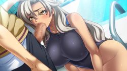 Rule 34 | 1boy, 1girl, arm support, bishop (company), blonde hair, breasts, censored, competition swimsuit, covered navel, curvy, dark-skinned female, dark skin, embarrassed, erection, fellatio, game cg, hetero, highleg, highleg swimsuit, kagami hirotaka, kneeling, large breasts, lips, long hair, looking at another, mesu kyoushi 3, mizusawa chisato, moaning, nipples, one-piece swimsuit, open mouth, oral, penis, pool, precum, saliva, silver hair, sweat, swimsuit, tears, water