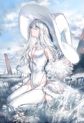 Rule 34 | 1girl, absurdres, breasts, dress, expressionless, fur-trimmed jacket, fur trim, gawako, hat, highres, jacket, large hat, long hair, looking up, off shoulder, open clothes, open jacket, original, outdoors, sitting, small breasts, solo, thighhighs, white dress, white eyes, white hair, white theme, white thighhighs, witch, witch hat