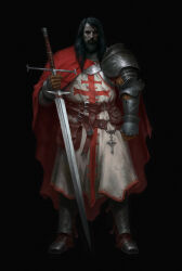 Rule 34 | 1boy, armor, beard, black hair, bogdanartist, boots, cape, cross, european clothes, facial hair, highres, holding, holding sword, holding weapon, knight, long hair, long sword, looking at viewer, original, pauldrons, shoulder armor, simple background, single pauldron, sword, vambraces, weapon