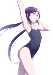 Rule 34 | 1girl, arched back, armpits, arms up, bad id, bad pixiv id, black one-piece swimsuit, blush, closed mouth, collarbone, competition school swimsuit, double vertical stripe, flat chest, from side, glasses, grey-framed eyewear, highres, kurosa kichi, long hair, looking at viewer, looking to the side, low twintails, muroto aki, one-piece swimsuit, over-rim eyewear, photokano, purple eyes, purple hair, school swimsuit, semi-rimless eyewear, sidelocks, simple background, smile, solo, swimsuit, thighs, twintails, white background
