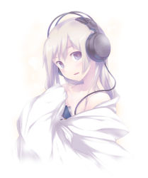 Rule 34 | 1girl, bare shoulders, bed sheet, blanket, blue eyes, blush, cable, collarbone, head tilt, headphones, long hair, looking at viewer, naked sheet, nanakusa, open mouth, original, simple background, solo, upper body, white background
