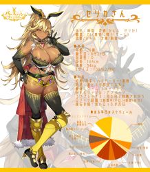 Rule 34 | 1girl, absurdres, animal ears, armored boots, bare shoulders, blonde hair, blush, boots, breasts, choker, closed mouth, commentary request, crossed legs, dark-skinned female, dark skin, elbow gloves, fake animal ears, full body, gloves, hair ornament, hand on own hip, hand up, heart, heart choker, high heels, high ponytail, highres, large breasts, lips, looking at viewer, makeup, navel, original, ponytail, rabbit ears, seductive smile, senri gan, serika (bunnystein fantasy), shiny skin, short shorts, shorts, simple background, sleeveless, smile, solo, standing, stats, stomach, sweat, sweatdrop, thighhighs, yellow eyes, zoom layer