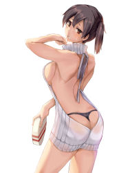 Rule 34 | 10s, 1girl, alternate costume, armadillo-tokage, ass, backless dress, backless outfit, bad id, bad pixiv id, bare back, black panties, box of chocolates, breasts, brown hair, butt crack, clenched teeth, commentary, cowboy shot, dress, half-closed eyes, halterneck, kaga (kancolle), kantai collection, looking back, looking down, meme attire, no bra, panties, ribbed sweater, side ponytail, sideboob, solo, sweatdrop, sweater, sweater dress, teeth, thong, turtleneck, turtleneck sweater, underwear, virgin killer sweater, whale tail (clothing)