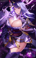 Rule 34 | 1girl, armor, braid, breasts, bridal gauntlets, cleavage, commentary, electricity, english commentary, genshin impact, hair ornament, highres, holding, holding sword, holding weapon, huge breasts, human scabbard, japanese clothes, kimono, long hair, looking at viewer, mitsudomoe (shape), mole, mole under eye, nail polish, obi, obiage, obijime, open mouth, pantheon eve, parted lips, purple eyes, purple hair, raiden shogun, ribbon, sash, shoulder armor, simple background, solo, sword, tassel, thighhighs, tomoe (symbol), weapon