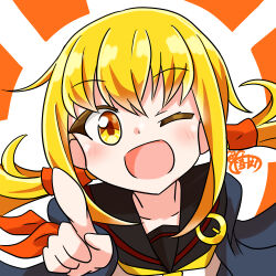 Rule 34 | 1girl, artist logo, black sailor collar, blonde hair, blue jacket, crescent, crescent pin, highres, index finger raised, jacket, kantai collection, kinoshita tsubomi, low twintails, neckerchief, one-hour drawing challenge, one eye closed, sailor collar, satsuki (kancolle), satsuki kai ni (kancolle), school uniform, serafuku, smile, solo, twintails, upper body, yellow eyes, yellow neckerchief