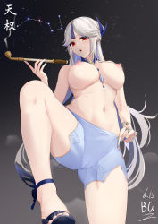 Rule 34 | 1girl, :o, baige0, bare shoulders, between breasts, blue footwear, blue nails, bracelet, breasts, butterfly ornament, cameltoe, choker, claw ring, constellation, earrings, genshin impact, hair ornament, hair ribbon, hair tassel, high heels, highres, holding, holding smoking pipe, jewelry, kiseru, knee up, large breasts, long hair, looking at viewer, nail polish, navel, necklace, night, night sky, ningguang (genshin impact), ningguang (orchid&#039;s evening gown) (genshin impact), nipples, official alternate costume, parted bangs, red eyes, ribbon, ring, short shorts, shorts, signature, sky, smoking pipe, solo, star (sky), tassel, tassel hair ornament, thighs, topless, white hair, white shorts