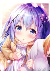 Rule 34 | 2girls, :o, blue eyes, blue hair, blush, breasts, chestnut mouth, collarbone, commentary, flat chest, from above, gochuumon wa usagi desu ka?, hair ornament, hairclip, hand on own chest, highres, hood, hooded jacket, hoto cocoa, jacket, kafuu chino, light blue hair, locked arms, long hair, looking at viewer, medium breasts, multiple girls, open mouth, orange hair, petals, pom pom (clothes), rouka (akatyann), shirt, sidelocks, solo focus, white shirt, x hair ornament, yellow jacket
