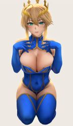 Rule 34 | 1girl, ahoge, aqua eyes, artoria pendragon (fate), artoria pendragon (lancer) (fate), bare shoulders, blonde hair, blue gloves, blue leotard, blue thighhighs, breasts, cleavage, cleavage cutout, clothing cutout, covered navel, cross, crown, elbow gloves, fate/grand order, fate (series), full body, gloves, groin, hair between eyes, hands on own chest, heattech leotard, highres, large breasts, leotard, looking at viewer, parted lips, pink lips, seiza, short hair with long locks, sidelocks, simple background, sitting, smile, solo, thighhighs, turtleneck, white background, yamaneko (tkdrumsco)