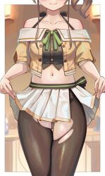 Rule 34 | 1girl, bra strap, breasts, clothes lift, collar, dalcom, facing viewer, green ribbon, highres, hololive, midriff, natsuiro matsuri, natsuiro matsuri (1st costume), navel, pantyhose, pleated skirt, red hair, ribbon, side ponytail, skirt, skirt lift, small breasts, smile, solo, tagme, thighs, torn clothes, torn pantyhose, virtual youtuber, white skirt