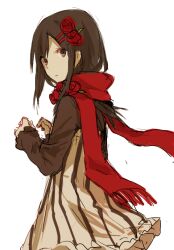 Rule 34 | 1girl, aaniko, alternate costume, brown dress, brown eyes, brown hair, dress, enpera, flower, fringe trim, from side, hair flower, hair ornament, hairclip, kagerou project, limited palette, long hair, long sleeves, looking back, mekakucity actors, parted lips, red flower, red rose, red scarf, rose, scarf, simple background, sketch, solo, striped clothes, striped dress, tateyama ayano, two-tone dress, upper body, vertical-striped clothes, vertical-striped dress, white background