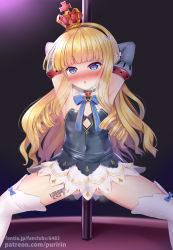 Rule 34 | 1girl, armpits, arms up, azur lane, barcode, barcode tattoo, bare shoulders, black dress, blonde hair, blue bow, blue eyes, blush, bow, breasts, commentary request, covered navel, crotch plate, crown, dress, drill hair, elbow gloves, eyebrows, eyelashes, female focus, gloves, grey gloves, hair ornament, hair ribbon, hairband, head tilt, heart, heart-shaped pupils, heavy breathing, highres, long hair, looking at viewer, nose blush, parted lips, pole, pole dancing, puririn, queen elizabeth (azur lane), ribbon, sidelocks, small breasts, solo, spread legs, strapless, strapless dress, stripper pole, symbol-shaped pupils, tattoo, thighhighs, very long hair, white thighhighs