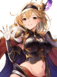 Rule 34 | 1girl, ahoge, armor, armpit peek, bad id, bad pixiv id, black hairband, blonde hair, breastplate, breasts, brown eyes, cape, cleavage, cleavage cutout, closed mouth, clothing cutout, commentary request, crop top, djeeta (granblue fantasy), earrings, feathers, gauntlets, gloves, granblue fantasy, groin, hair intakes, hair ornament, hairband, hand up, highres, jewelry, koretsuki azuma, large breasts, looking at viewer, midriff, navel, short hair, shoulder armor, simple background, smile, solo, stomach, upper body, white background, white cape, white gloves