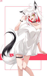 Rule 34 | 1girl, ahoge, animal ear fluff, animal ears, bare shoulders, black choker, blush, bracelet, choker, collarbone, colored inner hair, earrings, extra ears, fox ears, fox girl, fox tail, hair between eyes, hair ornament, hand up, heterochromia, highres, jewelry, knees together feet apart, legs, medium hair, multicolored hair, no pants, off shoulder, open mouth, original, oversized clothes, oversized shirt, pink background, red eyes, red hair, shirt, signature, simple background, solo, standing, sumishi (sumisi 3), tail, thigh strap, v over eye, white background, white hair, white shirt, x hair ornament, yellow eyes