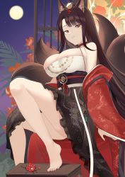 Rule 34 | 1girl, absurdres, akagi (azur lane), akagi (dawn phoenix&#039;s summons) (azur lane), animal ears, azur lane, barefoot, breasts, brown hair, cleavage, dress, fox ears, fox tail, highres, large breasts, long hair, looking at viewer, moon, night, night sky, official alternate costume, orange eyes, oxygen mask (oxygenmask233), parted lips, sitting, sky, solo, tail, toes