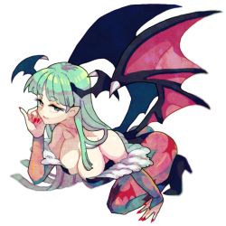 Rule 34 | 1girl, bat wings, breasts, brown eyes, capcom, demon girl, green hair, head wings, large breasts, long hair, morrigan aensland, nail polish, pantyhose, puteru, solo, demon girl, vampire (game), wings