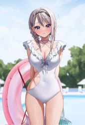Rule 34 | 1girl, asymmetrical swimsuit, bare arms, blue eyes, blurry, blurry background, blush, braid, breasts, chigusa minori, choker, cleavage, closed mouth, commentary request, corrupted twitter file, covered navel, cowboy shot, gluteal fold, grey hair, hair ornament, highres, innertube, large breasts, long hair, looking at viewer, one-piece swimsuit, outdoors, saotome shino (shino to ren), shino to ren, skindentation, solo, swim ring, swimsuit, thighs, white choker, white one-piece swimsuit