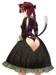 Rule 34 | 1girl, animal ears, ass, ass cutout, bad id, bad twitter id, black panties, blush, bow, braid, butt crack, cat ears, cat tail, clothing cutout, dress, extra ears, floral print, from behind, hair bow, hair ornament, heart cutout, kaenbyou rin, long hair, long sleeves, looking at viewer, looking back, multiple tails, panties, pointy ears, profile, puffy sleeves, red eyes, red hair, simple background, smile, solo, tail, thong, touhou, twin braids, underwear, urin, white background