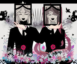 Rule 34 | 1boy, 1girl, ^ ^, ^o^, akaba rei, bug, butterfly, closed eyes, closed eyes, flower, formal, hair between eyes, highres, holding, iei, insect, long hair, necktie, photo (object), picture frame, smile, suit, surreal, tasutekete, twintails, very long hair, what, yu-gi-oh!, yu-gi-oh! arc-v, zarc