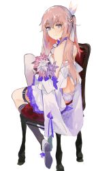 Rule 34 | 1girl, absurdres, back, bouquet, chair, closed mouth, dress, expressionless, flower, girls&#039; frontline, hair ornament, highres, holding, holding bouquet, holding flower, long hair, looking at viewer, looking to the side, pink hair, purple eyes, reraise, shoes, side ponytail, sitting, socks, solo, st ar-15 (girls&#039; frontline), st ar-15 (top hat drifting to the flowers) (girls&#039; frontline), white background, white dress, white footwear