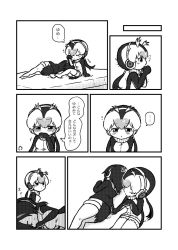 Rule 34 | 2girls, :3, blush, comic, commentary request, emperor penguin (kemono friends), greyscale, hair over one eye, headphones, highres, hood, hoodie, kemono friends, kotobuki (tiny life), long hair, long sleeves, monochrome, multiple girls, no shoes, penguin tail, royal penguin (kemono friends), short hair, sleeping, tail, thighhighs, translation request, twintails