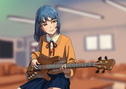 Rule 34 | 1girl, absurdres, bass guitar, blue hair, blue skirt, blurry, blurry background, blush, brown cardigan, brown eyes, cardigan, classroom, collared shirt, commentary, commentary request, dress shirt, earrings, english commentary, guitar, head tilt, highres, holding, holding instrument, instrument, jewelry, lips, long sleeves, medium hair, mixed-language commentary, music, neck ribbon, original, playing instrument, pleated skirt, red ribbon, ribbon, ring, school uniform, shirt, sitting, skirt, smile, solo, tudou jun, white shirt