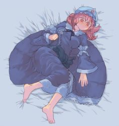 Rule 34 | 1girl, barefoot, bed sheet, blue dress, blue hat, blush, breasts, bright pupils, clenched hand, closed mouth, dress, frown, full body, hair between eyes, hat, long sleeves, lying, medium breasts, megame (okbnkn), mob cap, on back, pink eyes, pink hair, pink pupils, purple ribbon, ribbon, saigyouji yuyuko, sash, short hair, solo, touhou, triangular headpiece, wide sleeves