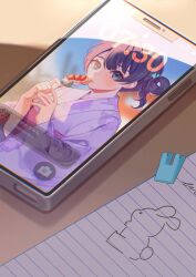 Rule 34 | 1girl, blue eyes, blue hair, cellphone, cellphone photo, chromatic aberration, close-up, dango, dark blue hair, dkou, drawing (object), eating, food, hair ornament, highres, holding, holding food, japanese clothes, kimono, link! like! love live!, long sleeves, looking at viewer, love live!, mole, mole on neck, murano sayaka, notebook, phone, pink sash, purple kimono, rabbit hair ornament, sanshoku dango, sash, short hair, smartphone, unworn hair ornament, wagashi