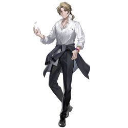 Rule 34 | 1boy, artist request, belt, black footwear, black pants, blonde hair, blue wristband, breast pocket, closed mouth, clothes around waist, coin, coin flip, collared shirt, dog tags, ear piercing, full body, girls&#039; frontline, hand in pocket, highres, jacket, jacket around waist, long hair, long sleeves, looking at viewer, male focus, multiple wristbands, official art, pants, piercing, pocket, ponytail, purple eyes, ramzan (girls&#039; frontline), red wristband, shirt, shoes, simple background, smile, solo, standing, third-party source, transparent background, white shirt