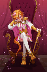 Rule 34 | 1girl, animal ears, armor, bloomers, boots, cane, cape, capelet, crossed legs, crown, curtains, full body, gloves, highres, holding, holding cane, horse ears, horse girl, horse tail, jewelry, looking at viewer, mini crown, multiple rings, ochabashira, orange hair, pink capelet, purple eyes, ring, shirt, short hair, shoulder armor, single glove, sitting, skirt, smile, solo, striped clothes, striped skirt, t.m. opera o (umamusume), tail, thighhighs, throne, tile floor, tiles, umamusume, underwear, v-shaped eyebrows, vambraces, white gloves, white shirt, white thighhighs, yellow footwear