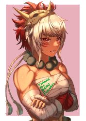 Rule 34 | 1girl, aduti momoyama, bandaged arm, bandages, bandeau, bare shoulders, bead necklace, beads, border, chest sarashi, clothes writing, commentary request, crossed arms, facial mark, fire emblem, fire emblem fates, grin, highres, jewelry, looking at viewer, mask, mask on head, milestone celebration, muscular, necklace, nintendo, outside border, pink background, red eyes, rinkah (fire emblem), sarashi, short hair, simple background, smile, solo, strapless, tube top, upper body, whisker markings, white border, white hair