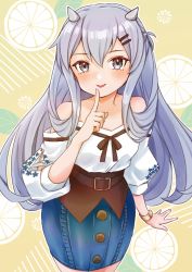Rule 34 | 1girl, blouse, blue hair, cocoperino, commentary request, cowboy shot, denim shirt, fake horns, grey eyes, horned headwear, horns, i-203 (kancolle), kantai collection, light blue hair, long hair, looking at viewer, off shoulder, official alternate costume, shirt, sidelocks, solo, tongue, tongue out, white shirt