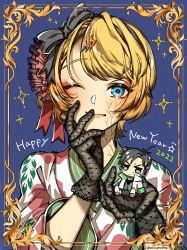Rule 34 | 1girl, 2022, alternate costume, animification, apex legends, black bow, black gloves, blonde hair, blue background, blue eyes, bow, crypto (apex legends), doll, gloves, hair bow, happy new year, highres, holding, holding doll, japanese clothes, kimono, mozuwaka, new year, one eye closed, portrait, short hair, smile, solo, sparkle, twitter username, wattson (apex legends), white kimono