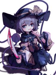 Rule 34 | 1girl, black thighhighs, blood, bloody knife, blue eyes, blush, commentary request, finger to mouth, grey hair, hair between eyes, hat, hatut, highres, holding, holding knife, knife, komeiji koishi, looking at viewer, open mouth, short hair, simple background, smile, solo, thighhighs, third eye, touhou, white background, wide sleeves