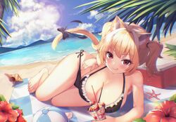 Rule 34 | 1girl, :q, absurdres, animal ear fluff, animal ears, arm support, ball, barefoot, beach, beachball, bikini, bitseon, black bikini, black bow, blonde hair, blue sky, blush, bow, breasts, cat ears, cat girl, cat tail, cleavage, closed mouth, cloud, commentary, cup, eyelashes, eyes visible through hair, feet, flower, food, foreshortening, frilled bikini, frills, full body, hair between eyes, hair intakes, hibiscus, highres, holding, holding cup, large breasts, lens flare, light particles, looking at viewer, lying, medium hair, ocean, on side, original, outdoors, palm tree, parfait, pocky, red eyes, red flower, shiny skin, side-tie bikini bottom, sidelocks, sky, solo, sparkle, starfish, strawberry parfait, swimsuit, tail, tail bow, tail ornament, thighs, toenails, toes, tongue, tongue out, tree, twintails, yellow fur