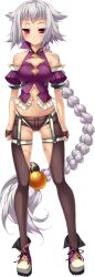 Rule 34 | 1girl, absurdly long hair, absurdres, bare shoulders, blush, braid, breasts, full body, gakushin, game cg, gloves, highres, katagiri hinata, koihime musou, large breasts, long hair, looking at viewer, navel, purple eyes, scar, scar on face, shoes, short shorts, shorts, silver hair, single braid, skindentation, smile, solo, standing, transparent background, very long hair
