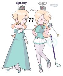 Rule 34 | 1girl, ?, ??, alternate breast size, alternate costume, bare shoulders, blonde hair, blue dress, breast expansion, breasts, closed eyes, crown, dot nose, dress, dual persona, earrings, english text, eyelashes, flat chest, floating, golf club, hair over one eye, half-closed eyes, hand on own hip, head tilt, heart, highres, holding, jewelry, large breasts, long hair, looking at another, looking at breasts, mario (series), mario golf, mario golf: super rush, miniskirt, moaning, nintendo, open mouth, pale skin, rosalina, shirt, skirt, star (symbol), star earrings, subway sum, super mario galaxy, taut clothes, taut shirt, tennis, wand, white background, white skirt